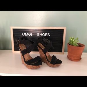 Black Faux Suede Wrap Wedges